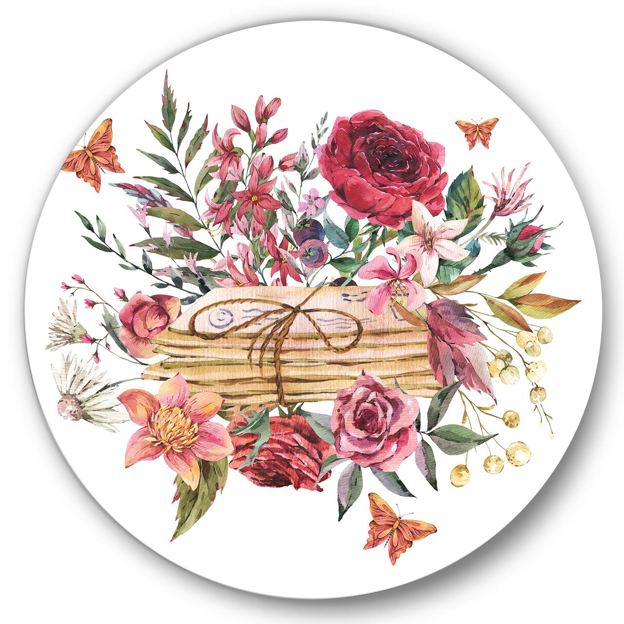 Designart - Vintage Old Letters With Wildflowers - Farmhouse Metal Circle Wall Art